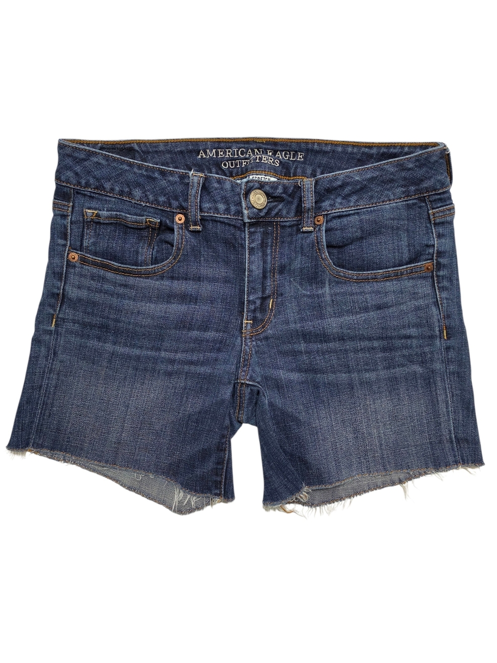 American Eagle |  Midi Cutoff Jean Shorts Super Stretch Dark Wash Low Rise